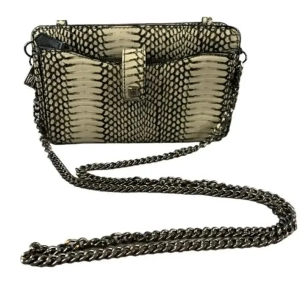 Antonio Melani Leather Crossbody Clutch Snake Print Shoulder Strap Chain BlackTa